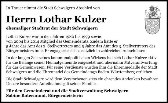 Traueranzeige von Lothar Kulzer von GESAMT
