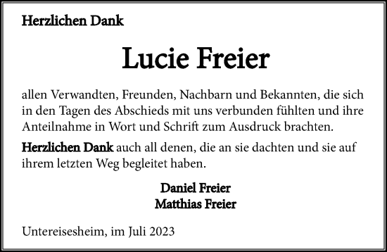 Traueranzeige von Lucie Freier von GESAMT