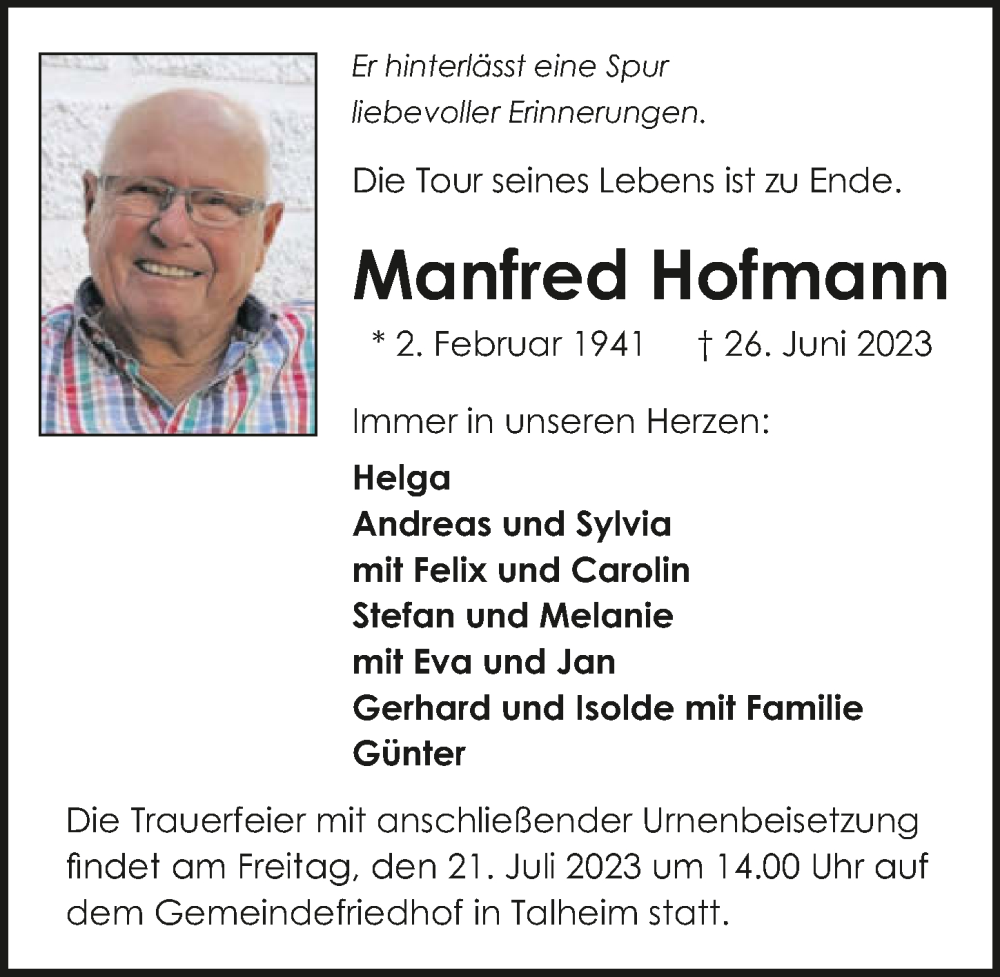  Traueranzeige für Manfred Hofmann vom 15.07.2023 aus GESAMT