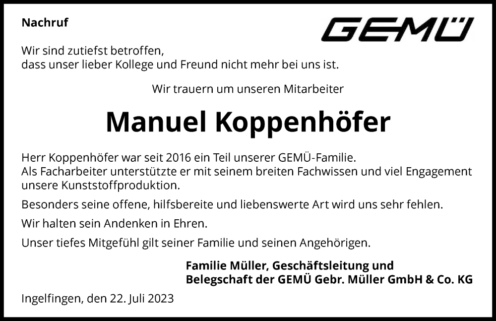  Traueranzeige für Manuel Koppenhöfer vom 22.07.2023 aus GESAMT