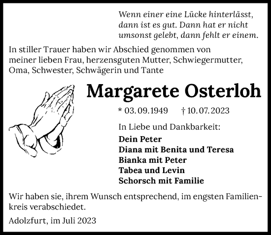 Traueranzeige von Margarete Osterloh von GESAMT