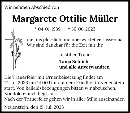 Traueranzeige von Margarete Ottilie Müller von GESAMT