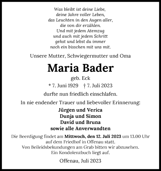 Traueranzeige von Maria Bader von GESAMT