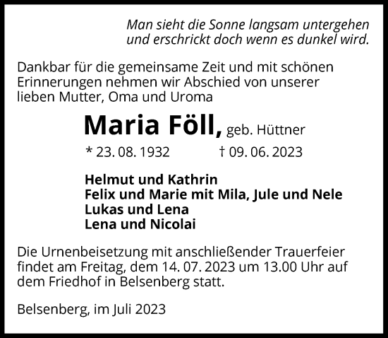 Traueranzeige von Maria Föll von GESAMT