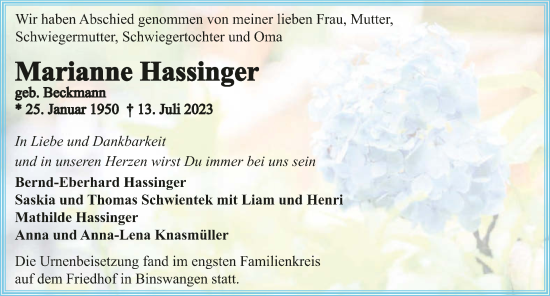 Traueranzeige von Marianne Hassinger von GESAMT