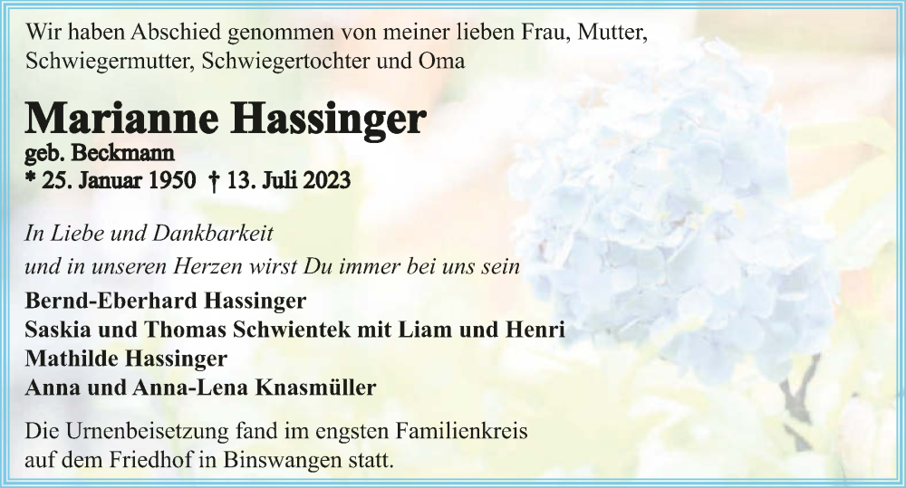  Traueranzeige für Marianne Hassinger vom 29.07.2023 aus GESAMT