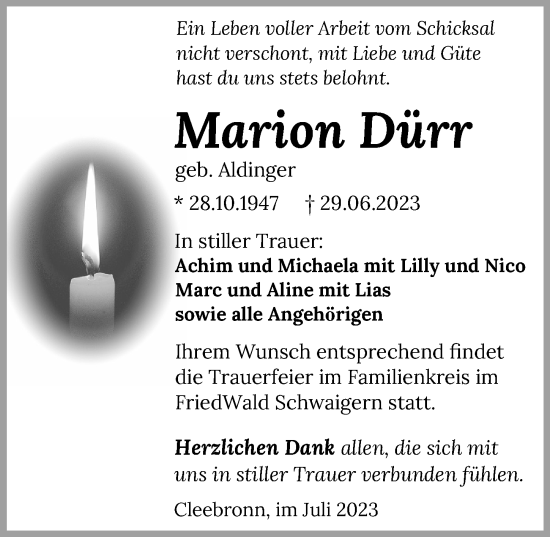 Traueranzeige von Marion Dürr von GESAMT