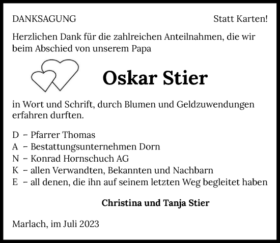 Traueranzeige von Oskar Stier von GESAMT