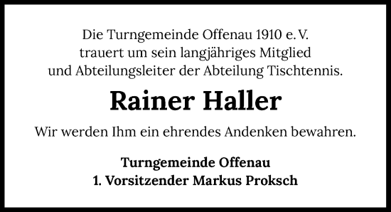 Traueranzeige von Rainer Haller von GESAMT