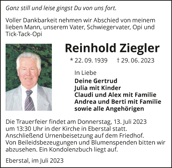 Traueranzeige von Reinhold Ziegler von GESAMT