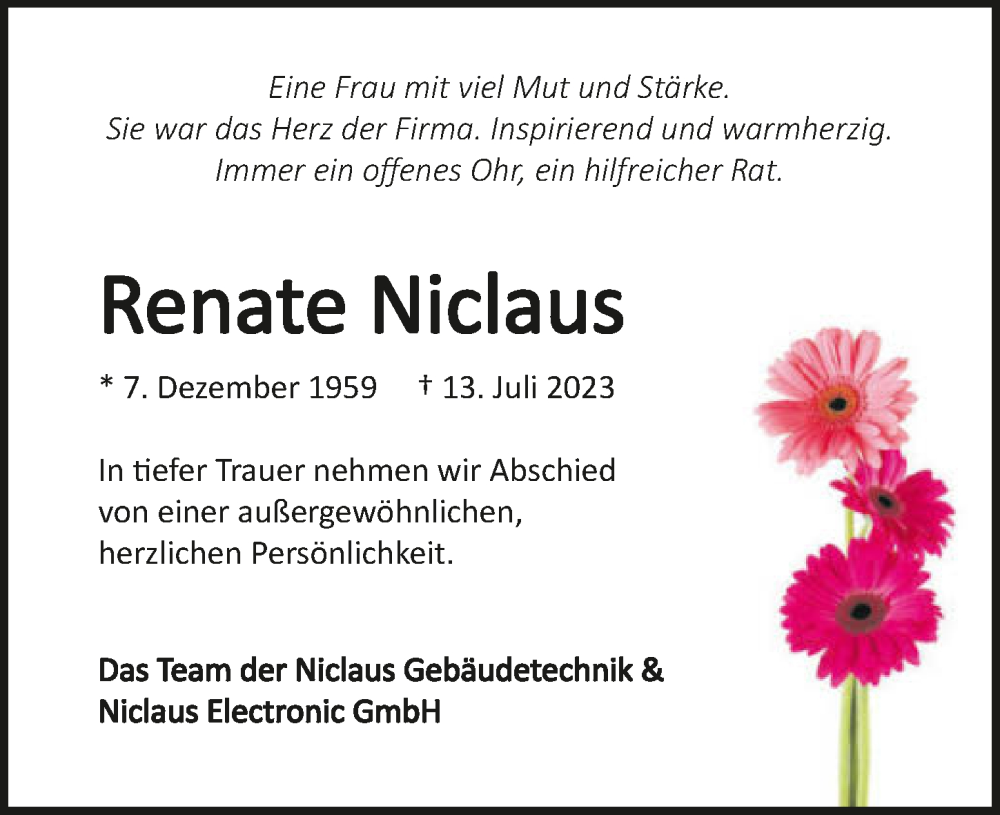  Traueranzeige für Renate Niclaus vom 18.07.2023 aus GESAMT