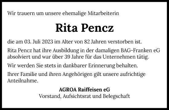 Traueranzeige von Rita Pencz von GESAMT