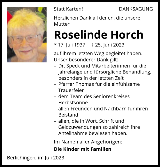 Traueranzeige von Roselinde Horch von GESAMT