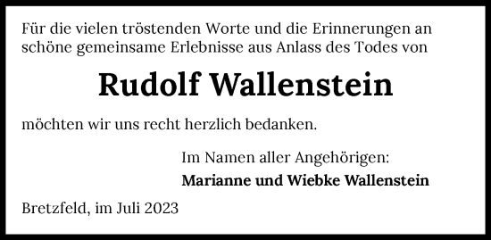 Traueranzeige von Rudolf Wallenstein von GESAMT