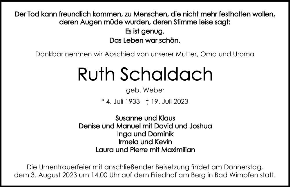  Traueranzeige für Ruth Schaldach vom 29.07.2023 aus GESAMT