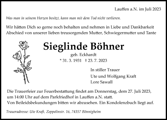 Traueranzeige von Sieglinde Böhner von GESAMT
