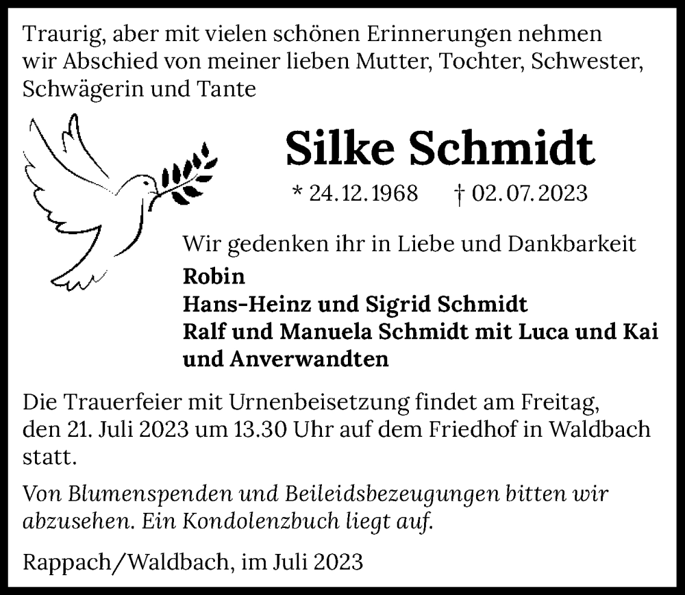  Traueranzeige für Silke Schmidt vom 18.07.2023 aus GESAMT