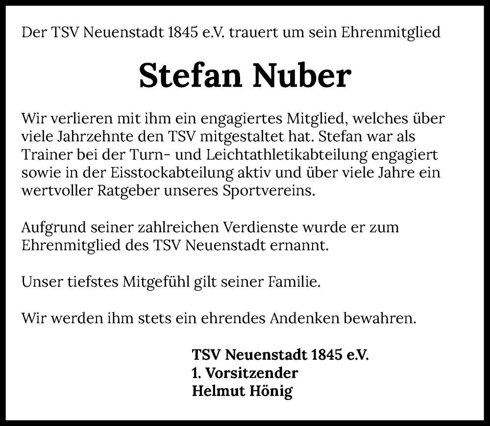  Traueranzeige für Stefan Nuber vom 01.07.2023 aus GESAMT