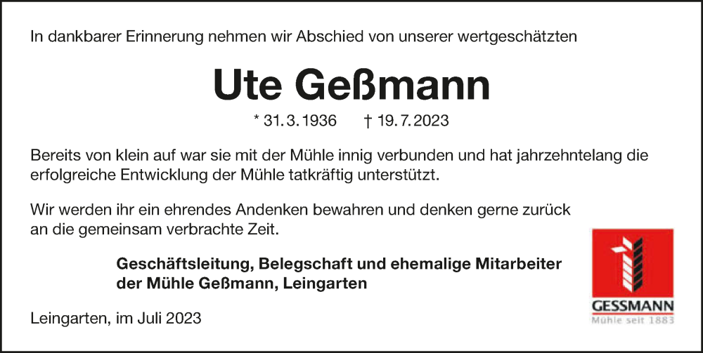  Traueranzeige für Ute Geßmann vom 27.07.2023 aus GESAMT