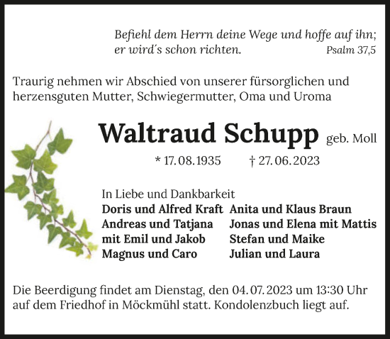 Traueranzeige von Waltraud Schupp von GESAMT