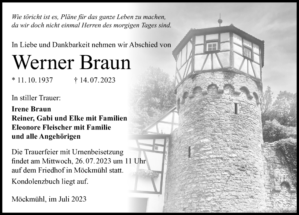  Traueranzeige für Werner Braun vom 22.07.2023 aus GESAMT