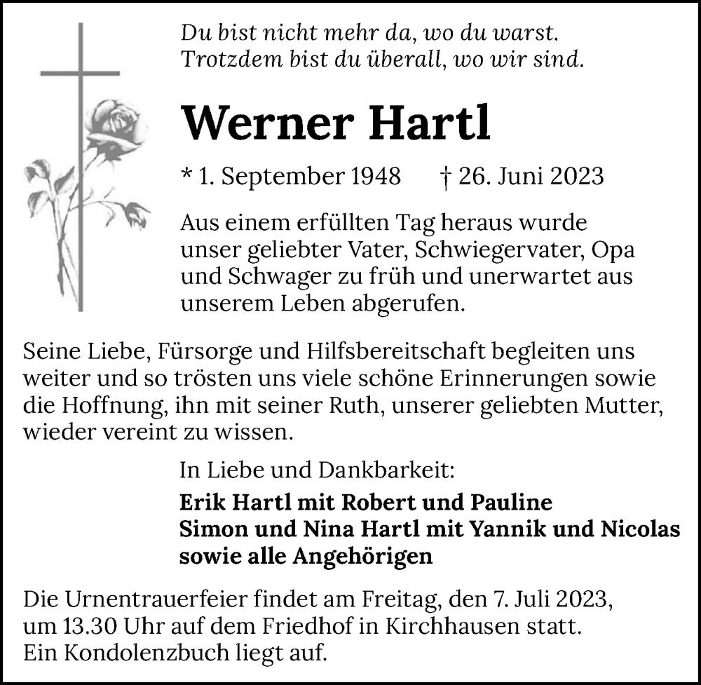  Traueranzeige für Werner Hartl vom 01.07.2023 aus GESAMT