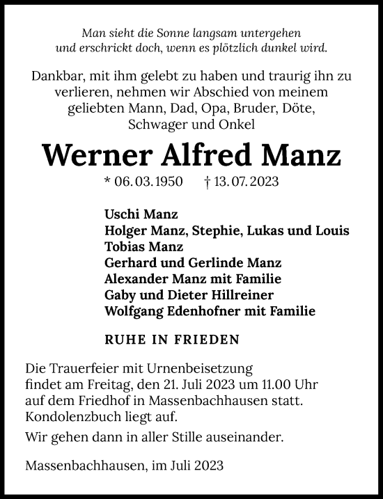 Traueranzeige von Werner Alfred Manz von GESAMT