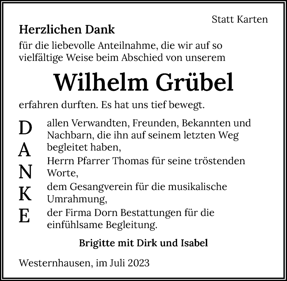  Traueranzeige für Wilhelm Grübel vom 29.07.2023 aus GESAMT