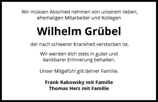 Traueranzeige von Wilhelm Grübel von GESAMT