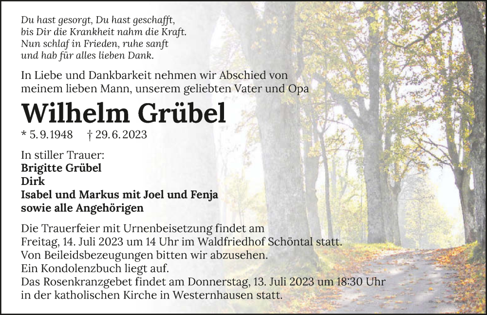  Traueranzeige für Wilhelm Grübel vom 11.07.2023 aus GESAMT