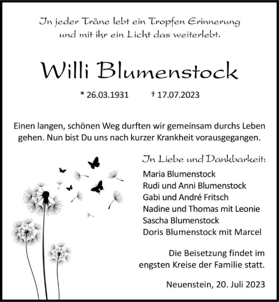 Traueranzeige von Willi Blumenstock von GESAMT