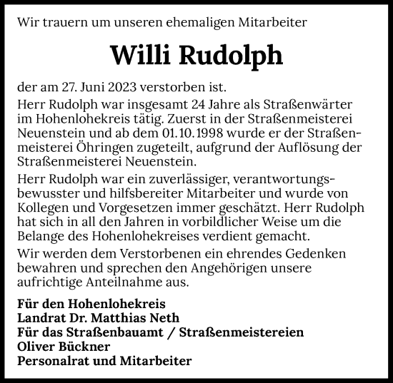 Traueranzeige von Willi Rudolph von GESAMT