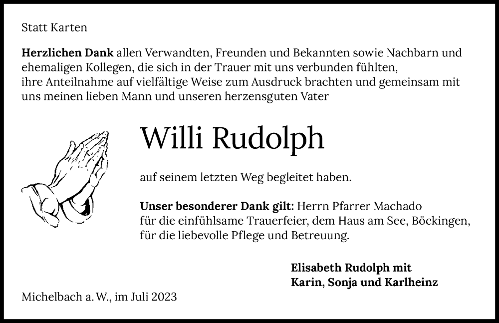 Traueranzeige für Willi Rudolph vom 28.07.2023 aus GESAMT