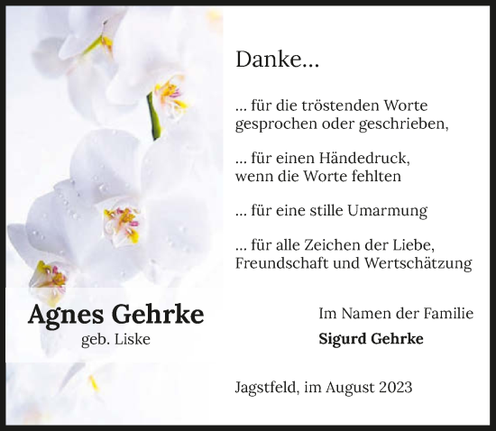 Traueranzeige von Agnes Gehrke von GESAMT