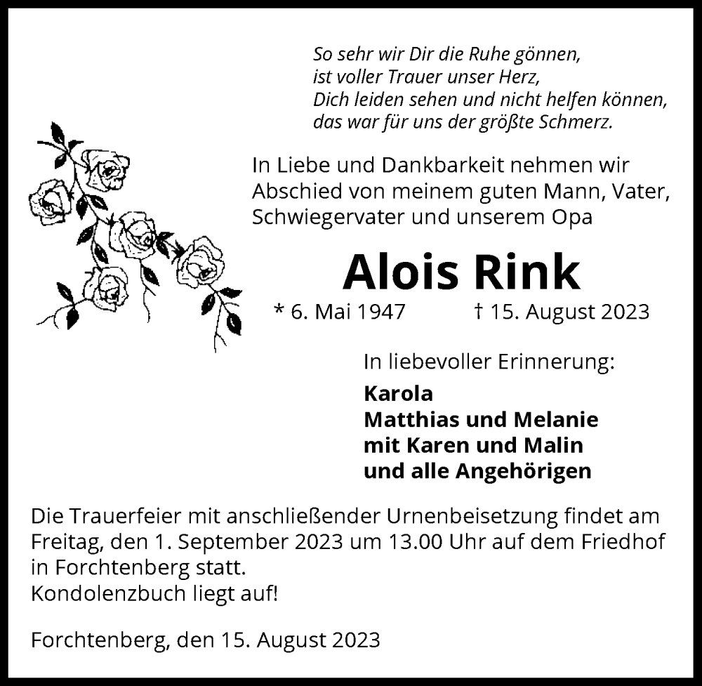  Traueranzeige für Alois Rink vom 29.08.2023 aus GESAMT