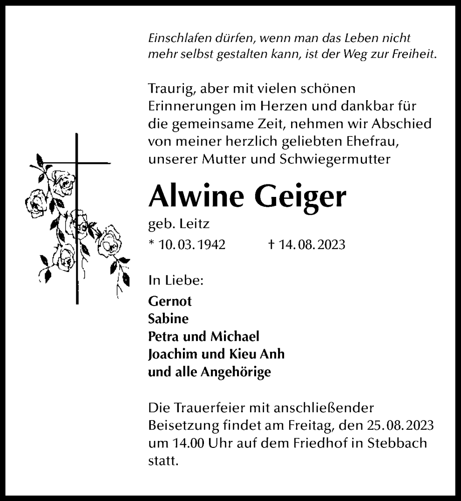  Traueranzeige für Alwine Geiger vom 19.08.2023 aus GESAMT
