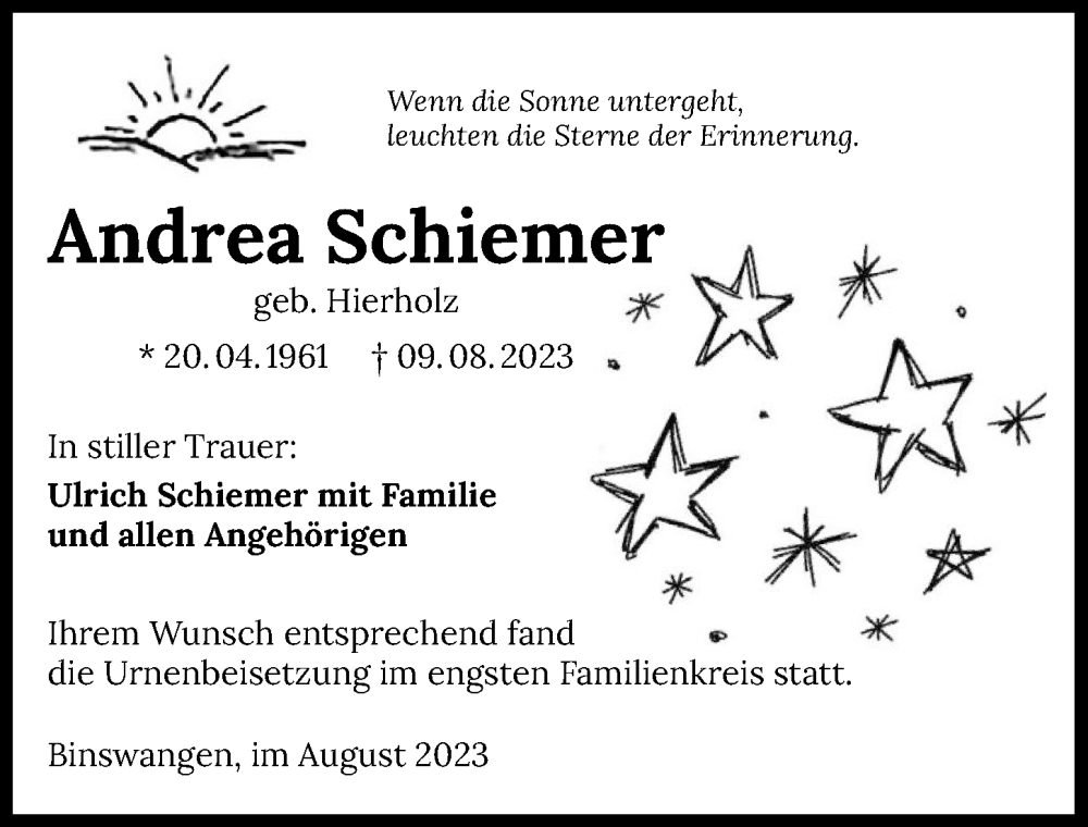  Traueranzeige für Andrea Schiemer vom 26.08.2023 aus GESAMT