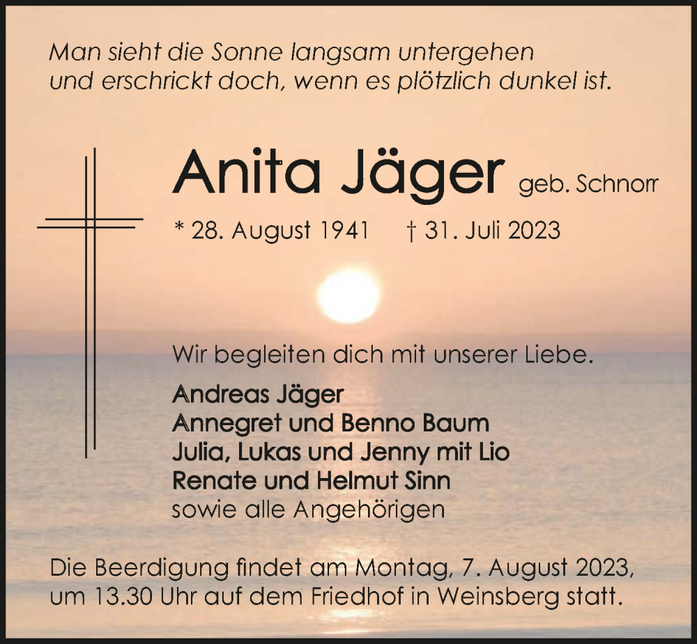  Traueranzeige für Anita Jäger vom 05.08.2023 aus GESAMT