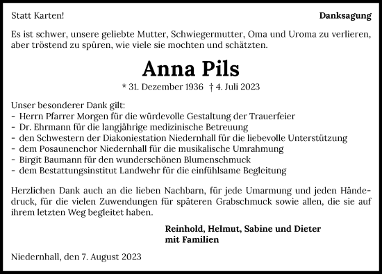 Traueranzeige von Anna Pils von GESAMT