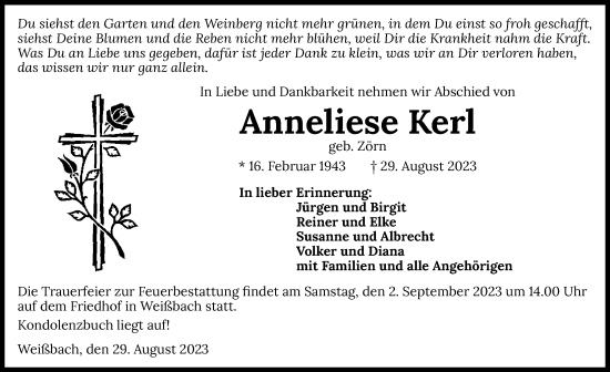 Traueranzeige von Anneliese Kerl von GESAMT