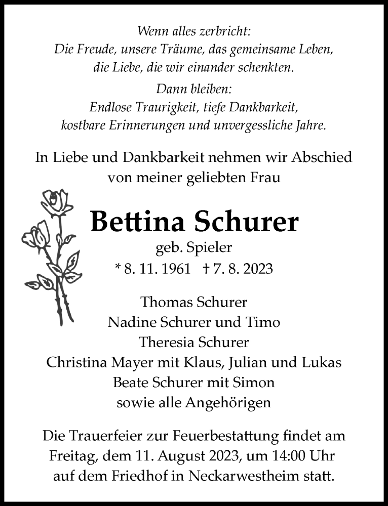  Traueranzeige für Bettina Schurer vom 08.08.2023 aus GESAMT
