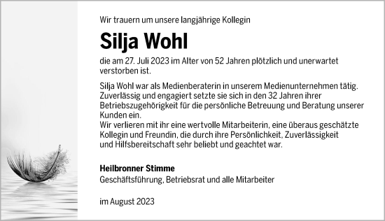 Traueranzeige von Silja Wohl von Heilbronner Stimme