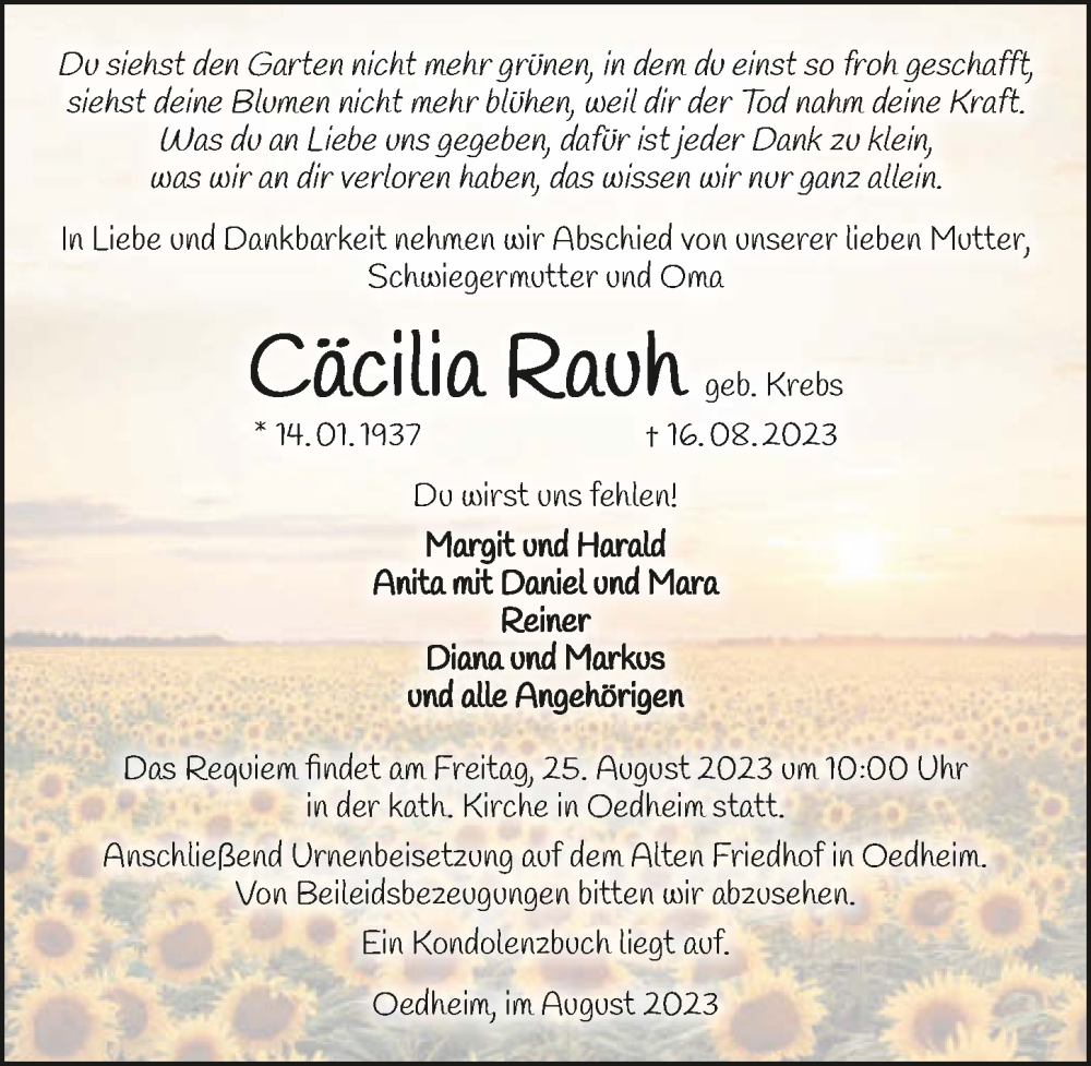  Traueranzeige für Cäcilia Rauh vom 19.08.2023 aus GESAMT