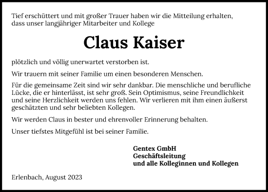 Traueranzeige von Claus Kaiser von GESAMT