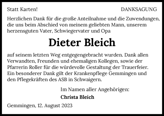 Traueranzeige von Dieter Bleich von GESAMT