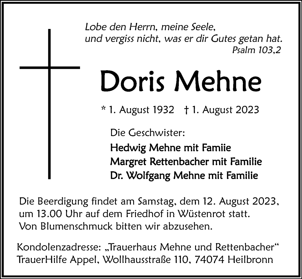  Traueranzeige für Doris Mehne vom 05.08.2023 aus GESAMT
