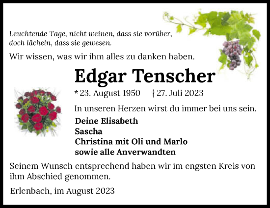 Traueranzeige von Edgar Tenscher von GESAMT
