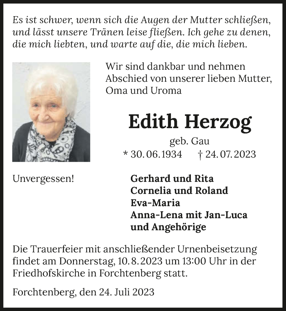  Traueranzeige für Edith Herzog vom 07.08.2023 aus GESAMT