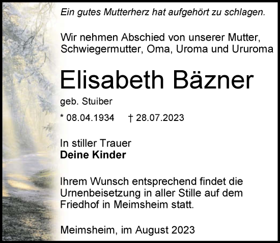 Traueranzeige von Elisabeth Bäzner von GESAMT