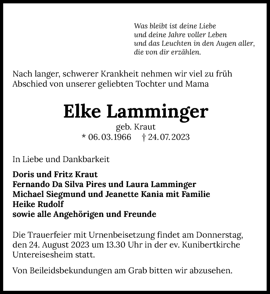  Traueranzeige für Elke Lamminger vom 19.08.2023 aus GESAMT